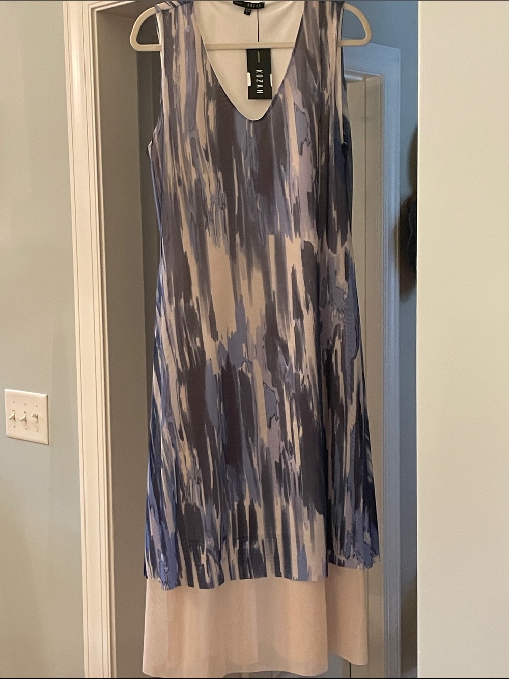 Kozan Elegant Blue Brushstroke Sleeveless Midi Dress Large